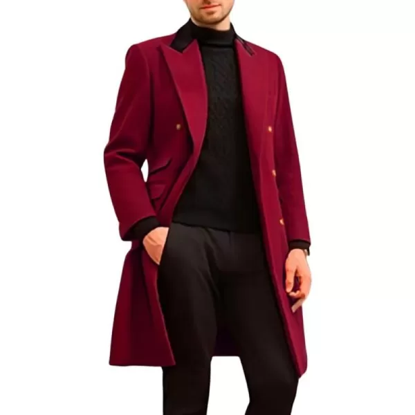 chouyatou Mens Winter Contrast Lapel Collar Wool Coat Double Breasted Wool Blend Trench Pea Coat OvercoatWine Red