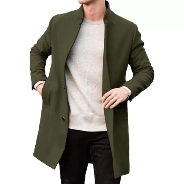 chouyatou Mens Winter Single Breasted British Stand Collar Business Office Wool Blend Trench Pea CoatGreen