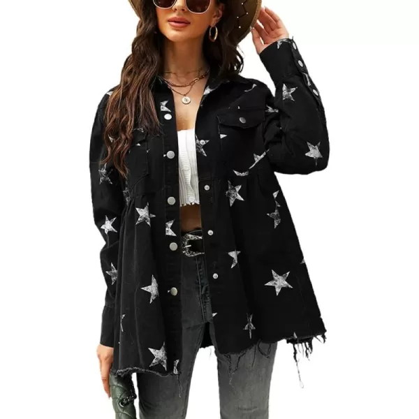 chouyatou Womens Casual Frayed Raw Hem Star Print Mid Long Peplum Denim JacketBlack