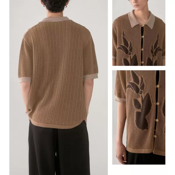 chouyatou Mens Boho Floral Pattern Crochet Knit Tops Short Sleeve Button Down Hollow Out Shirt TopsBrown