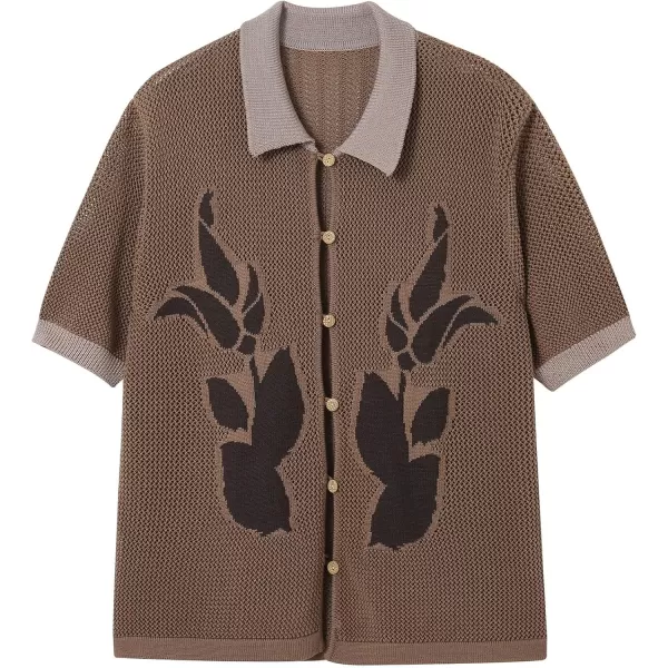 chouyatou Mens Boho Floral Pattern Crochet Knit Tops Short Sleeve Button Down Hollow Out Shirt TopsBrown
