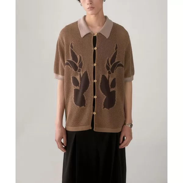 chouyatou Mens Boho Floral Pattern Crochet Knit Tops Short Sleeve Button Down Hollow Out Shirt TopsBrown