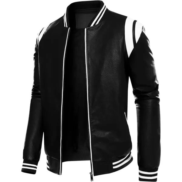 chouyatou Mens Casual ColorBlock Patches Full Zip Fleece Lined Pu Leather Varsity Bomber JacketBlack