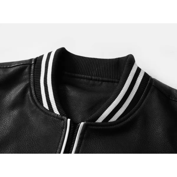 chouyatou Mens Casual ColorBlock Patches Full Zip Fleece Lined Pu Leather Varsity Bomber JacketBlack