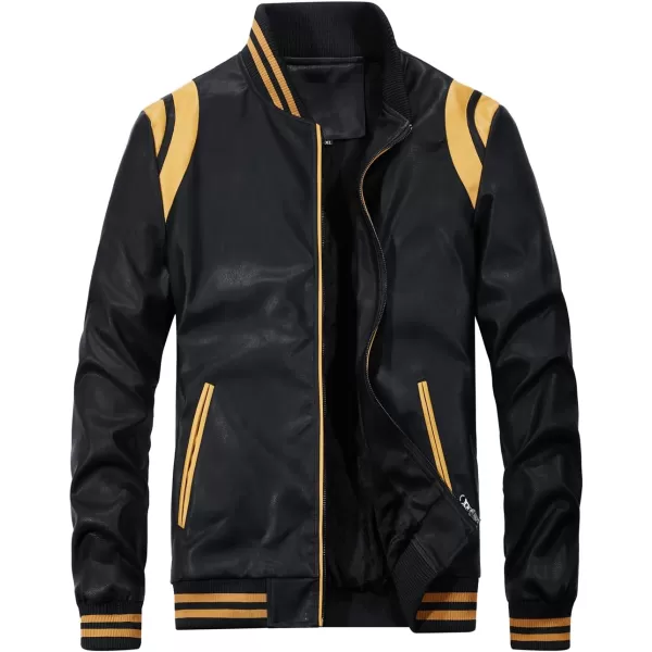 chouyatou Mens Casual ColorBlock Patches Full Zip Fleece Lined Pu Leather Varsity Bomber JacketBlackyellow
