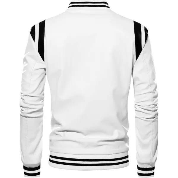 chouyatou Mens Casual ColorBlock Patches Full Zip Fleece Lined Pu Leather Varsity Bomber JacketWhite