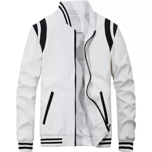 chouyatou Mens Casual ColorBlock Patches Full Zip Fleece Lined Pu Leather Varsity Bomber JacketWhite