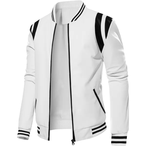 chouyatou Mens Casual ColorBlock Patches Full Zip Fleece Lined Pu Leather Varsity Bomber JacketWhite