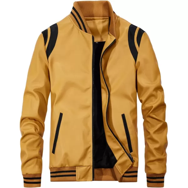 chouyatou Mens Casual ColorBlock Patches Full Zip Fleece Lined Pu Leather Varsity Bomber JacketYellow