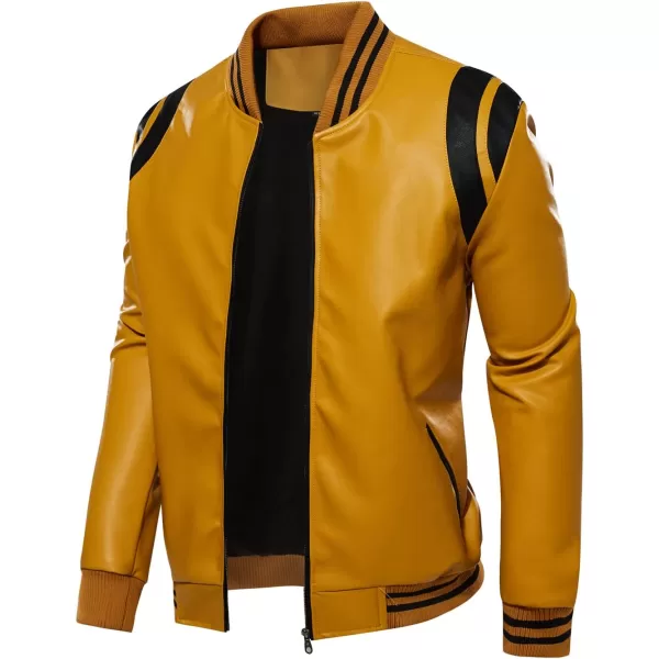 chouyatou Mens Casual ColorBlock Patches Full Zip Fleece Lined Pu Leather Varsity Bomber JacketYellow