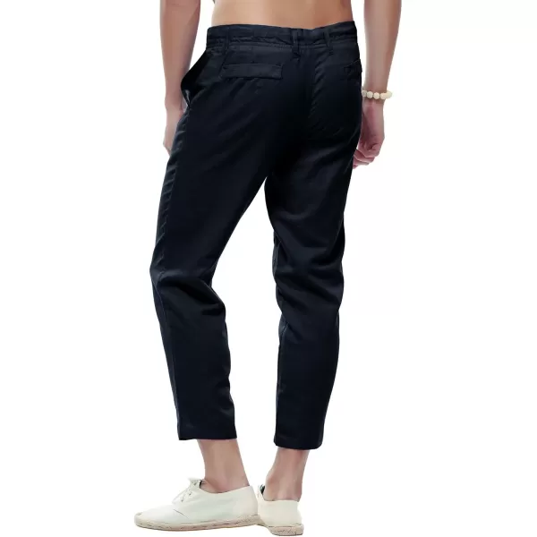 chouyatou Mens Casual Drawstring Straight Fit Beach Linen Capri PantsNavy
