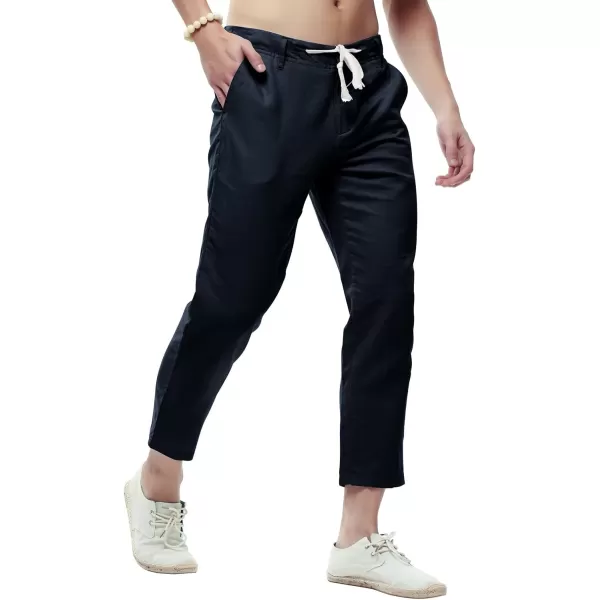 chouyatou Mens Casual Drawstring Straight Fit Beach Linen Capri PantsNavy