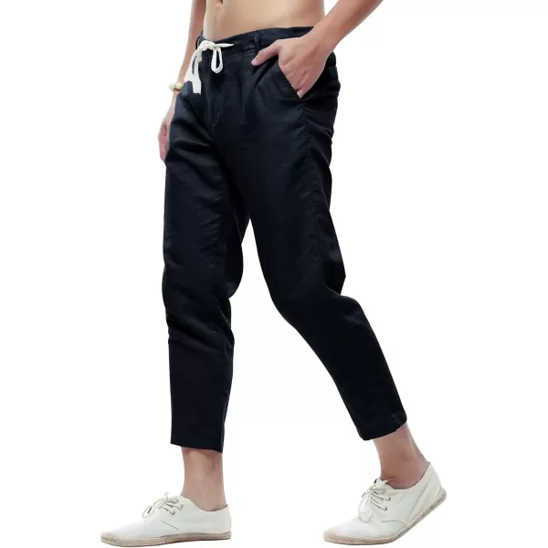 chouyatou Mens Casual Drawstring Straight Fit Beach Linen Capri PantsNavy