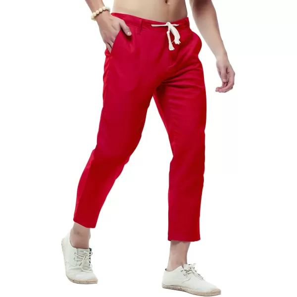chouyatou Mens Casual Drawstring Straight Fit Beach Linen Capri PantsRed