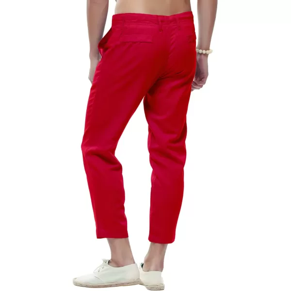 chouyatou Mens Casual Drawstring Straight Fit Beach Linen Capri PantsRed
