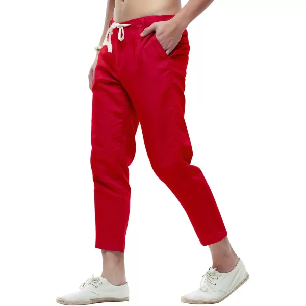 chouyatou Mens Casual Drawstring Straight Fit Beach Linen Capri PantsRed