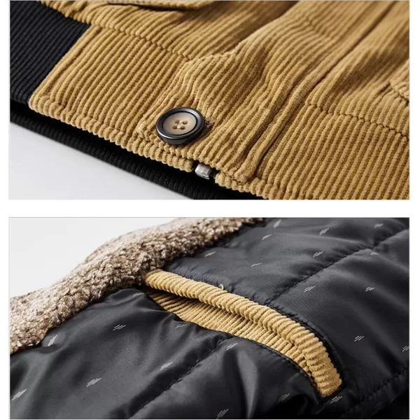 chouyatou Mens Casual Fleece Collar Thicken Quilted Lined Corduroy Bomber Jacket CoatKhaki