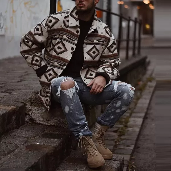 chouyatou Mens Casual Tribal Aztec Pattern Button Down Long Sleeve Trucker Jacket Shacket CoatApricot