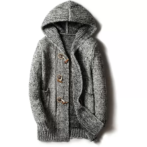 chouyatou Mens Chunky Toggle Button MidLength Knitted Cardigan Sweater Attached HoodGrey