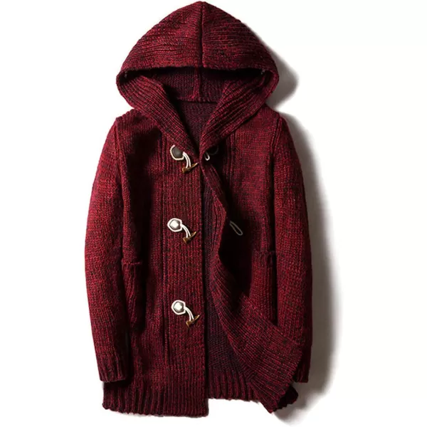 chouyatou Mens Chunky Toggle Button MidLength Knitted Cardigan Sweater Attached HoodWine Red