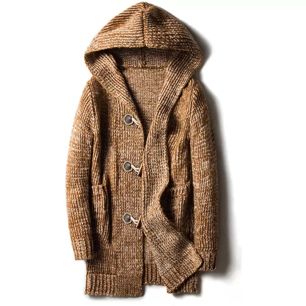 chouyatou Mens Chunky Toggle Button MidLength Knitted Cardigan Sweater Attached HoodYellow