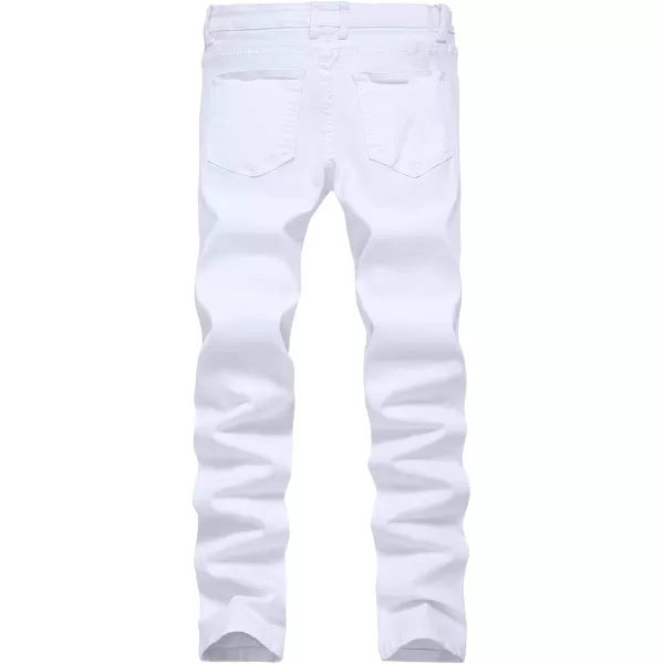 chouyatou Mens Classic 5 Pocket Hippies Regular fit Destroyed Distressed Denim Ripped Jeans PantWhite