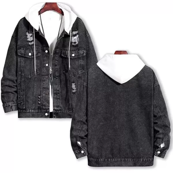 chouyatou Mens Distressed Ripped Holes Removable Hood Button Down Denim JacketBlack