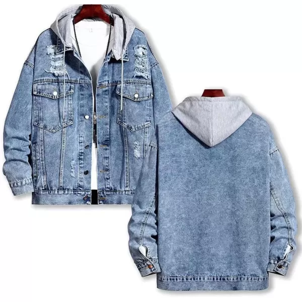 chouyatou Mens Distressed Ripped Holes Removable Hood Button Down Denim JacketBlue