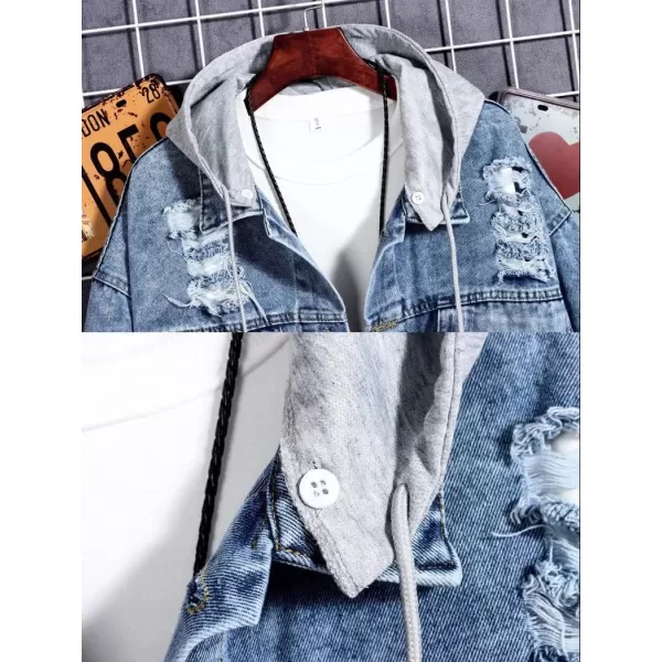chouyatou Mens Distressed Ripped Holes Removable Hood Button Down Denim JacketBlue