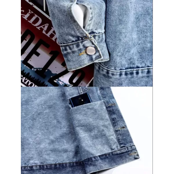 chouyatou Mens Distressed Ripped Holes Removable Hood Button Down Denim JacketBlue