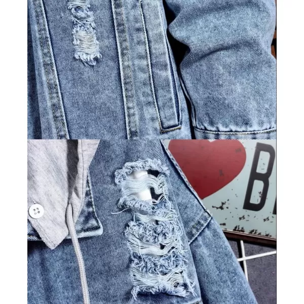 chouyatou Mens Distressed Ripped Holes Removable Hood Button Down Denim JacketBlue