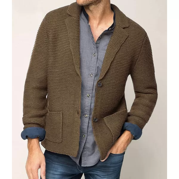 chouyatou Mens Fall Notch Lapel Cardigan Sweater Business Casual Button Down Knitted Blazer TopBrown