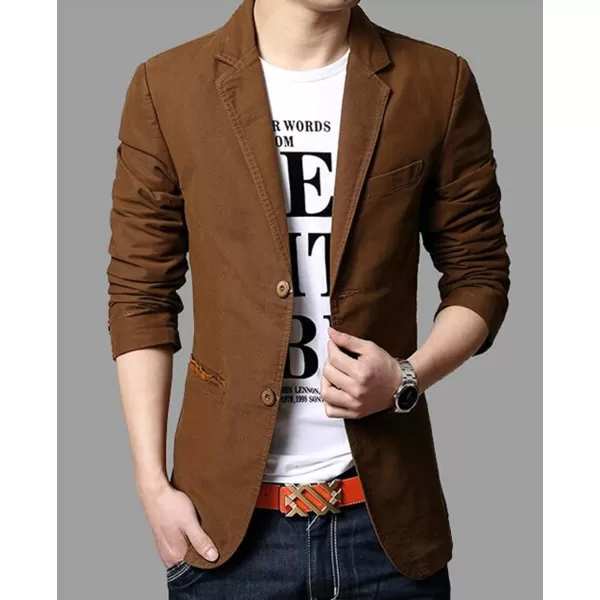 chouyatou Mens Slim 2Button Single Breasted Cotton Lightweight Blazer Jacket Sport CoatBrown