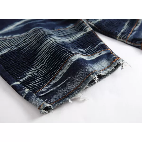 chouyatou Mens Summer Cool Stylish Wrinkle Performance Moto Ripped Denim ShortsDark Blue