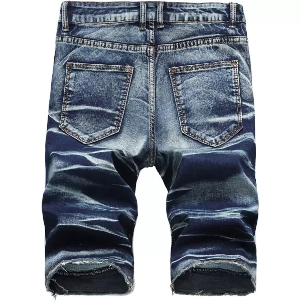chouyatou Mens Summer Cool Stylish Wrinkle Performance Moto Ripped Denim ShortsDark Blue