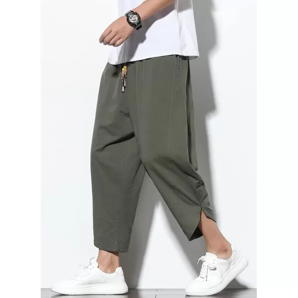 chouyatou Mens Summer Elastic Waist Loose Lightweight Baggy Ethnic Linen Beach Cropped Harem PantsArmy Green