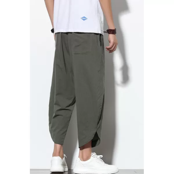 chouyatou Mens Summer Elastic Waist Loose Lightweight Baggy Ethnic Linen Beach Cropped Harem PantsArmy Green