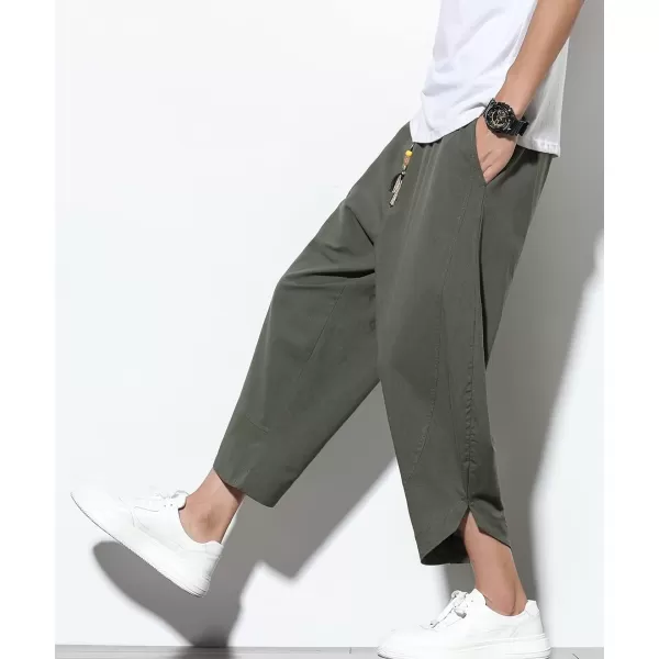 chouyatou Mens Summer Elastic Waist Loose Lightweight Baggy Ethnic Linen Beach Cropped Harem PantsArmy Green