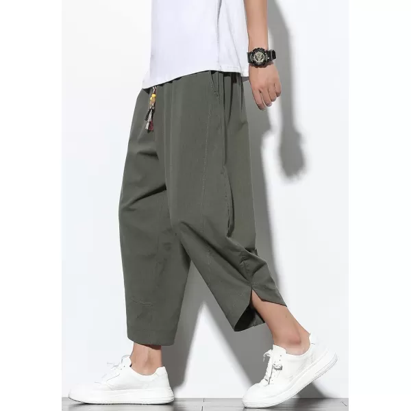 chouyatou Mens Summer Elastic Waist Loose Lightweight Baggy Ethnic Linen Beach Cropped Harem PantsArmy Green