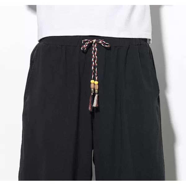 chouyatou Mens Summer Elastic Waist Loose Lightweight Baggy Ethnic Linen Beach Cropped Harem PantsBlack
