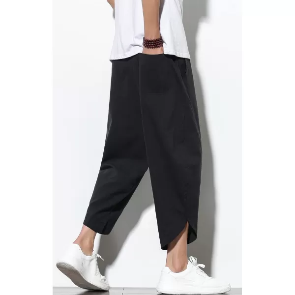 chouyatou Mens Summer Elastic Waist Loose Lightweight Baggy Ethnic Linen Beach Cropped Harem PantsBlack