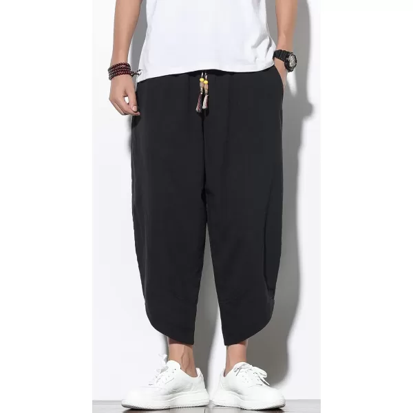 chouyatou Mens Summer Elastic Waist Loose Lightweight Baggy Ethnic Linen Beach Cropped Harem PantsBlack