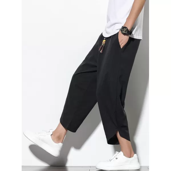 chouyatou Mens Summer Elastic Waist Loose Lightweight Baggy Ethnic Linen Beach Cropped Harem PantsBlack