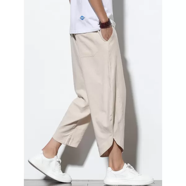 chouyatou Mens Summer Elastic Waist Loose Lightweight Baggy Ethnic Linen Beach Cropped Harem PantsKhaki