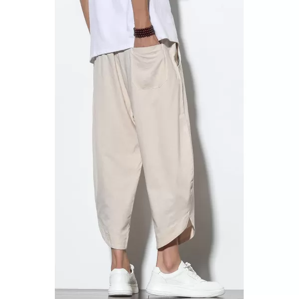 chouyatou Mens Summer Elastic Waist Loose Lightweight Baggy Ethnic Linen Beach Cropped Harem PantsKhaki