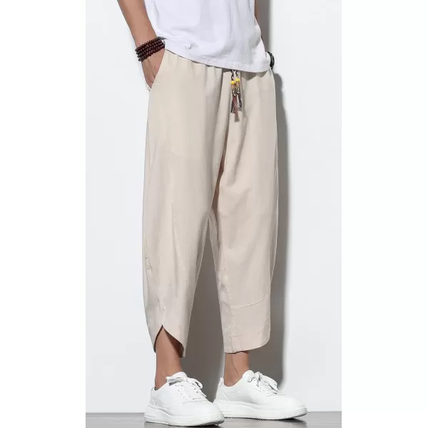 chouyatou Mens Summer Elastic Waist Loose Lightweight Baggy Ethnic Linen Beach Cropped Harem PantsKhaki