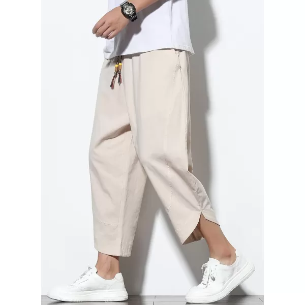 chouyatou Mens Summer Elastic Waist Loose Lightweight Baggy Ethnic Linen Beach Cropped Harem PantsKhaki