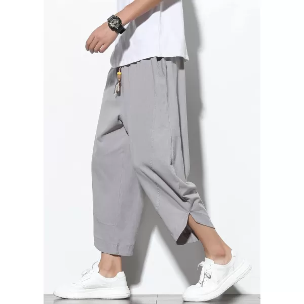 chouyatou Mens Summer Elastic Waist Loose Lightweight Baggy Ethnic Linen Beach Cropped Harem PantsLight Grey