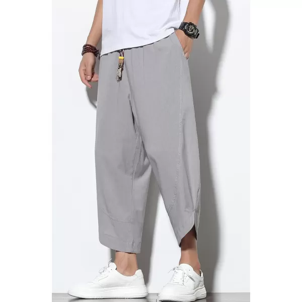 chouyatou Mens Summer Elastic Waist Loose Lightweight Baggy Ethnic Linen Beach Cropped Harem PantsLight Grey