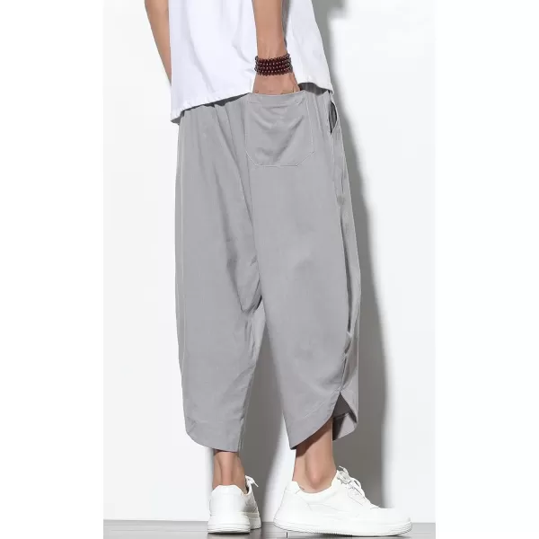 chouyatou Mens Summer Elastic Waist Loose Lightweight Baggy Ethnic Linen Beach Cropped Harem PantsLight Grey